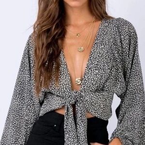 Princess Polly Black and White Front Tie Floral Blouse